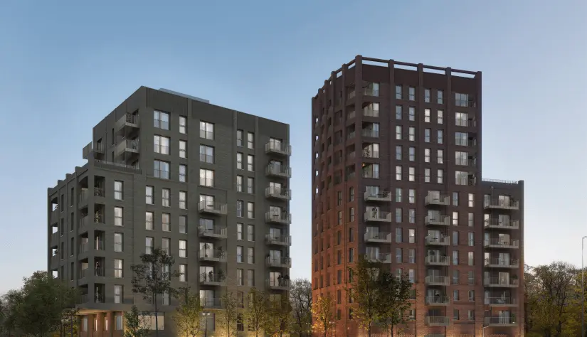A CGI image of two new-build tower blocks.